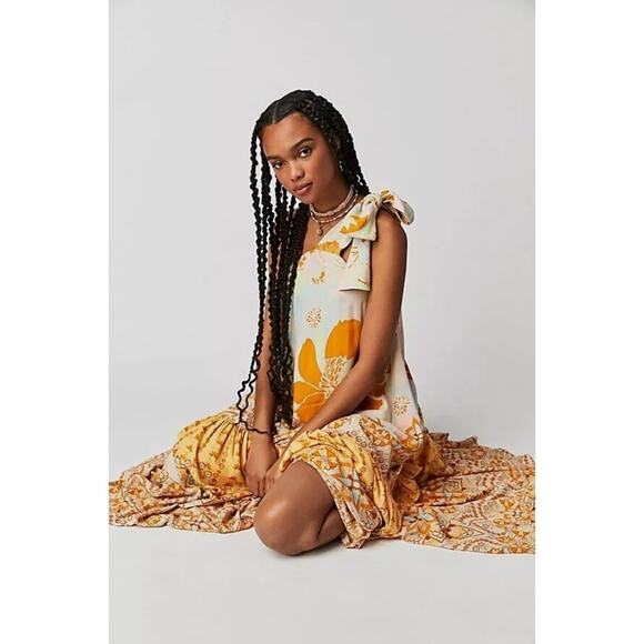 NEW Free People COTE D AZUR One Shoulder Flowy Maxi Dress in Tea Combo S NWOT - Picture 4 of 10